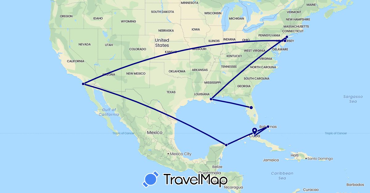 TravelMap itinerary: driving in Bahamas, Cuba, Mexico, United States (North America)